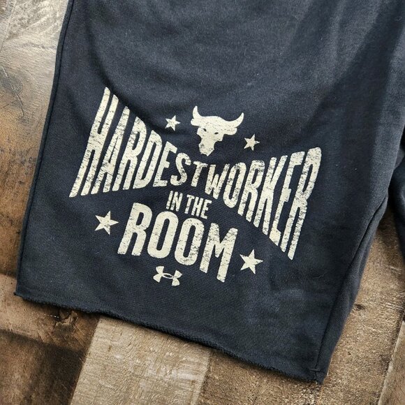 Under Armour Project Rock Mens size M Medium Terry Sweat Shorts Hardest Worker - Picture 2 of 10